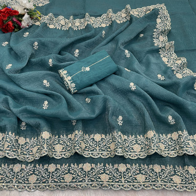 Ethina Fashion Embroidered Bollywood Chiffon Saree(Light Blue)