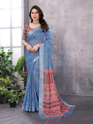 HouseOfCommon Digital Print Bollywood Cotton Linen Saree(Blue)