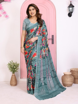 kashvi sarees Floral Print Saree with Attached Blouse Georgette Saree(Green, Grey)