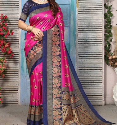 Grubstaker Printed Assam Silk Art Silk Saree(Pink)