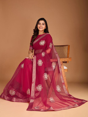 House of Pataudi Woven Daily Wear Net Saree(Magenta)