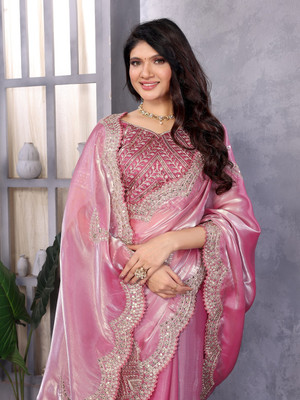 SICHYAH Embroidered, Embellished Bollywood Jimmy choo Saree(Pink)