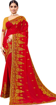 KHRITI FAB Embroidered, Floral Print Bollywood Net Saree(Red)