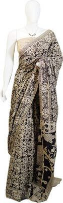 SR Handlooms And Textiles Printed Kalamkari Handloom Cotton Blend Saree(Black)
