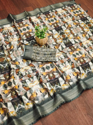 ALAGINI Digital Print Gadwal Cotton Blend Saree(Light Green)