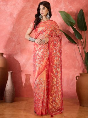 Sangria Embroidered Saree with Attached Blouse Net Saree(Pink)