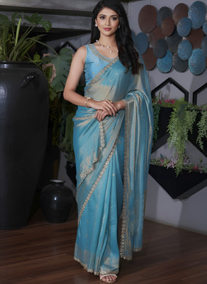 NewPoojaSaree Embellished Bollywood Silk Blend, Pure Silk Saree(Light Blue)