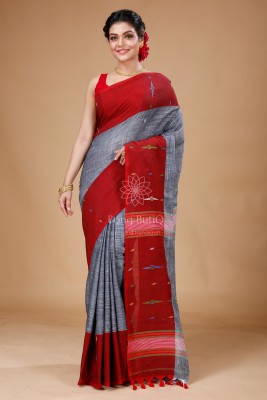 Bong ButiQ Woven Tant Pure Cotton Saree(Grey, Red)