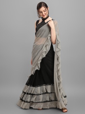 Rashiklal & Co. Polka Print Bollywood Georgette, Pure Silk Saree(White, Black)