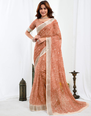 SIRIL Floral Print, Geometric Print, Embellished Bollywood Linen Saree(Brown)