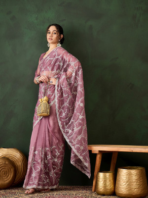 Sangria Embroidered Kalamkari Silk Blend Saree(Pink)