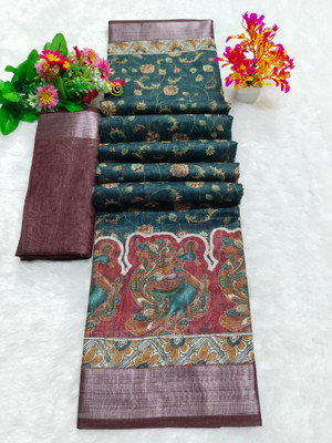 HouseOfCommon Printed Bollywood Linen, Cotton Linen Saree(Dark Green)