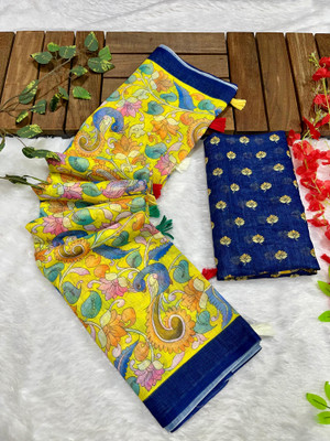 FULIYA SILK Digital Print Kalamkari Linen Saree(Multicolor)