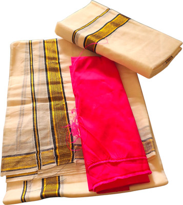 South Weavers Embellished Kasavu Cotton Blend Saree(Cream)