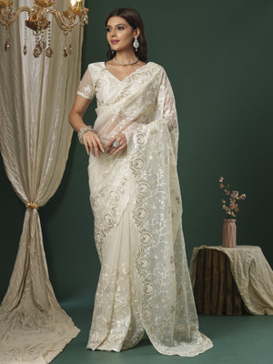 Sareemall Embroidered Bollywood Organza Saree(Beige)