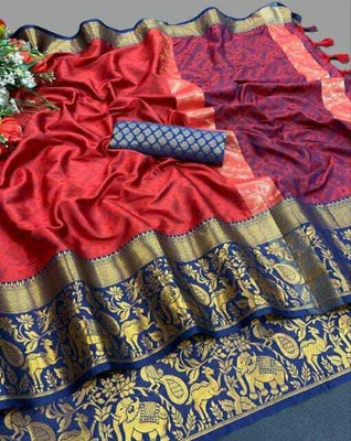 Rizanx Animal Print, Self Design, Woven, Embellished Dharmavaram Cotton Silk, Pure Silk Saree(Red, Blue)