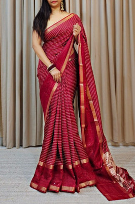 Bansari Textiles Self Design, Woven, Temple Border, Applique, Striped, Printed Banarasi Cotton Blend, Jacquard Saree(Red)
