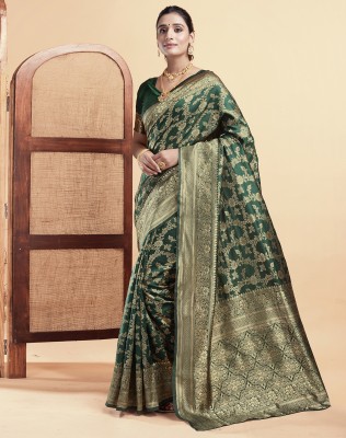 SIRIL Dyed, Self Design, Woven Banarasi Silk Blend, Jacquard Saree(Dark Green, Gold)