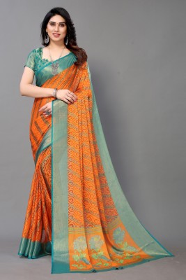 Winza Designer Printed, Striped Bollywood Chiffon, Brasso Saree(Light Blue, Orange)