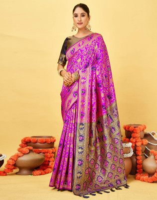 Satrani Woven, Embellished Banarasi Silk Blend Saree(Magenta)