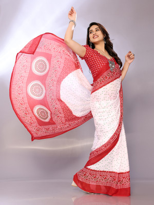V And V Shop Printed Bandhani Chiffon Saree(Red)