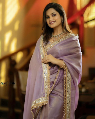 Vinayak Textile Embellished, Embroidered Bollywood Net, Silk Blend Saree(Pink)