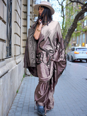 Sangria Printed Daily Wear Satin Saree(Brown)
