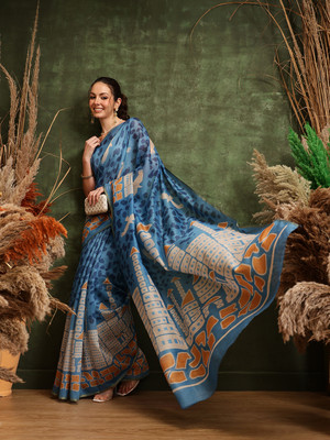 Divastri Digital Print Chanderi Cotton Blend Saree(Blue)