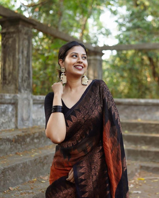 kanchivastra Woven Banarasi Pure Silk Saree(Black, Orange)