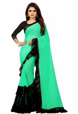 Queen worth Solid/Plain Bollywood Georgette Saree(Light Green, Black)
