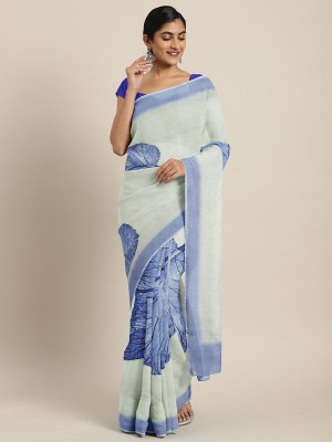 Hritika Printed, Geometric Print Banarasi Silk Blend Saree(White, Blue)