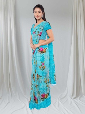 Classy Foriever Printed Daily Wear Cotton Blend Saree(Light Blue)