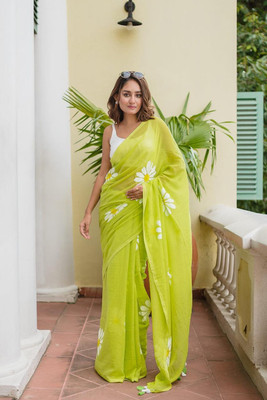 Trishul Floral Print Handloom Khadi Saree(Light Green)