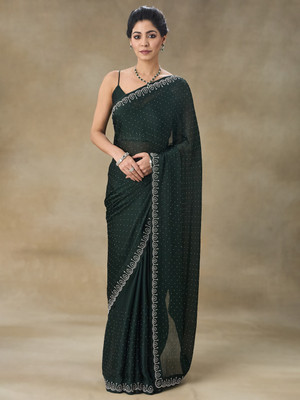 FABMORA Embellished Bollywood Satin, Chiffon Saree(Green)