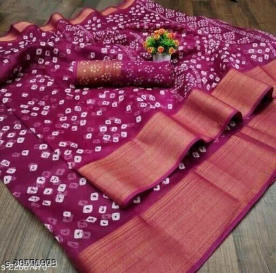 Saadhvi Printed Bandhani Cotton Blend Saree(Purple)