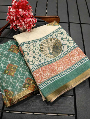 AARAANA Printed Kanjivaram Linen Saree(Cream)