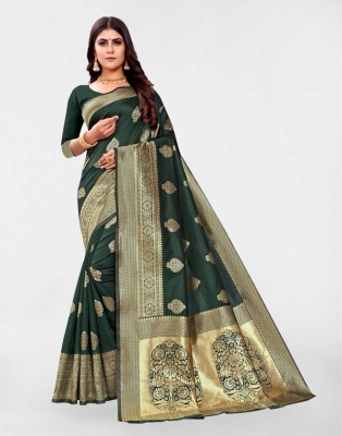 Samah Woven, Self Design Banarasi Art Silk Saree(Dark Green, Gold)