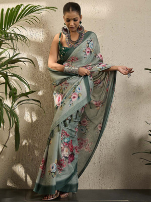 all about you Printed Pochampally Georgette Saree(Grey)