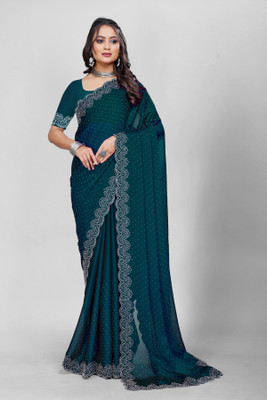 zoentik enterprise Solid/Plain, Embellished, Applique Kalamkari Georgette Saree(Light Blue)