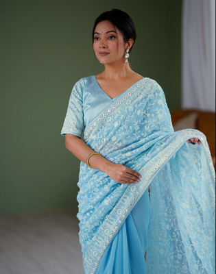Satrani Embroidered, Embellished Bollywood Georgette Saree(Blue)
