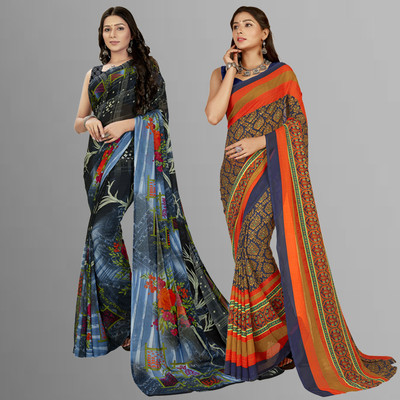 Anand Sarees Floral Print Daily Wear Georgette Saree(Pack of 2, Multicolor, Grey)