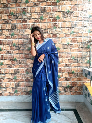 Ganesh fashion textile Solid/Plain, Striped, Polka Print Tant Pure Cotton Saree(Dark Blue)
