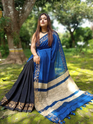 Maa kali saree center Printed Bollywood Cotton Blend Saree(Blue)