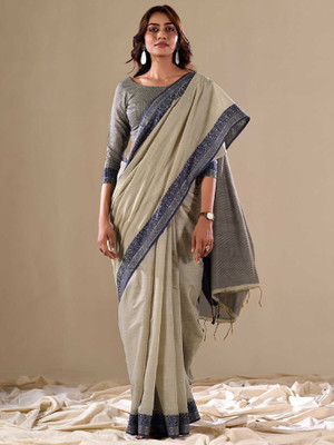 Anouk Rustic Woven Daily Wear Cotton Blend Saree(Beige)