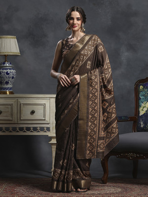 Tasrika Printed Chinnalapattu Silk Blend Saree(Brown)