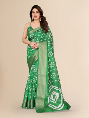Moda Rapido Printed Bandhani Cotton Blend Saree(Green)