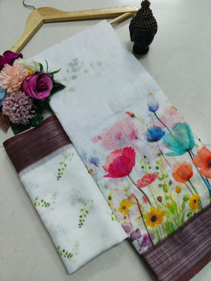 HangerStories Printed Kanjivaram Pure Cotton, Cotton Linen Saree(White)