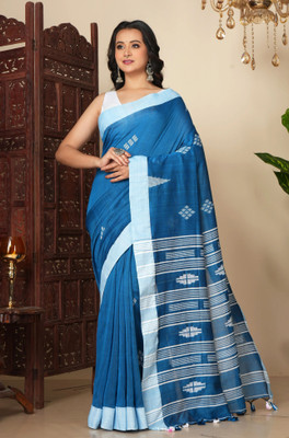 crochetin Printed Handloom Handloom Pure Cotton Saree(Light Blue, White)
