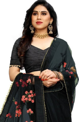 Anugrah Textile Solid/Plain Banarasi Lycra Blend, Chiffon Saree(Black)