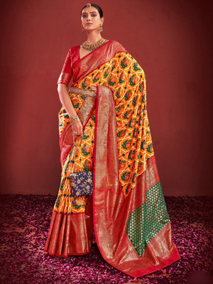 ANOUK Printed Pochampally Silk Blend Saree(Yellow)